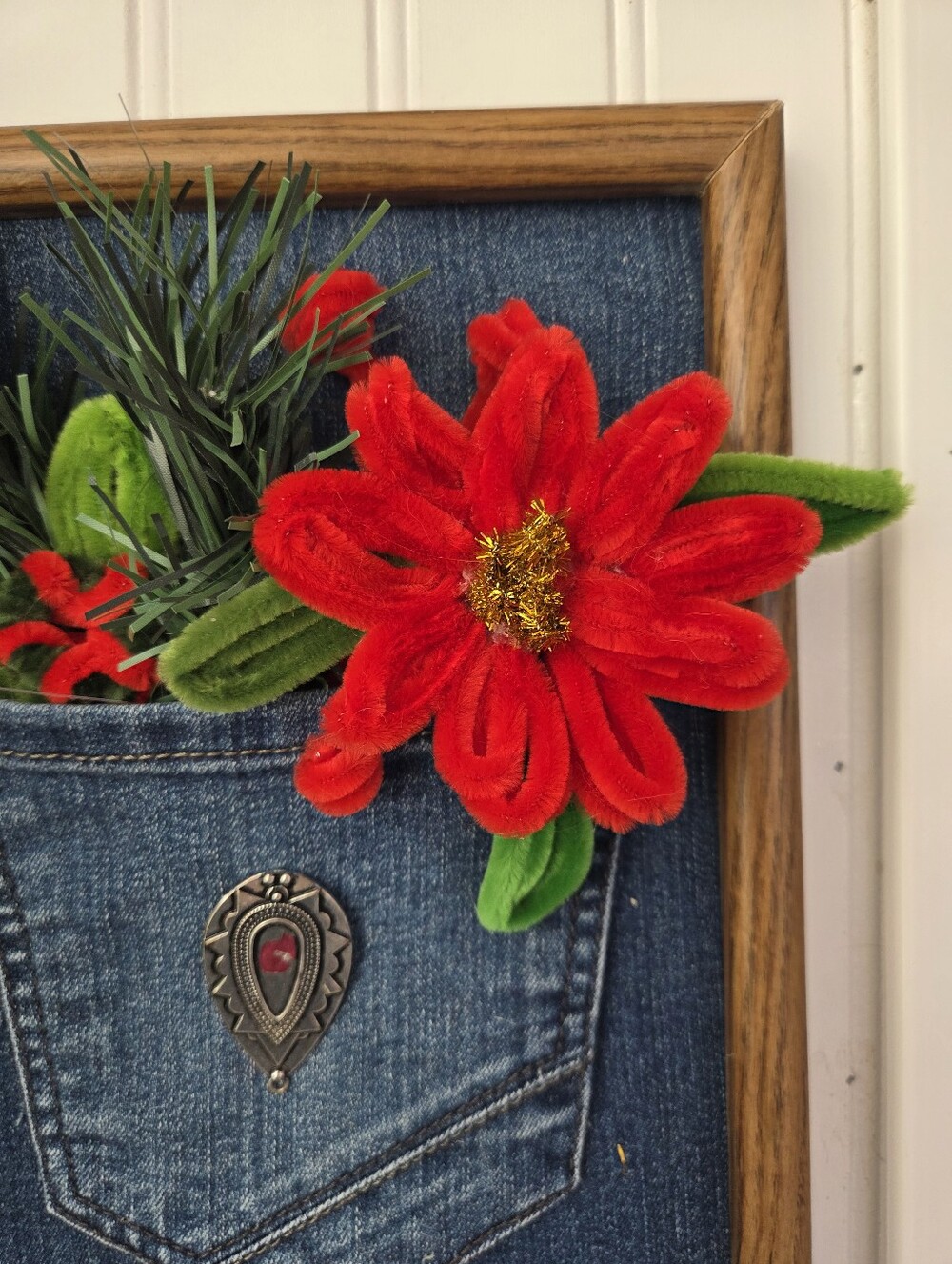 Hand Made 8x10 Framed Denim Pocket Wall Accent with Red Pointsettial Bouquet - Picture 2 of 3